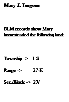 Text Box: Mary J. Turgeon
&nbsp;
BLM records show Mary homesteaded the following land:
&nbsp;
Township ->&nbsp;&nbsp; 1-S
Range ->&nbsp;&nbsp;&nbsp;&nbsp;&nbsp;&nbsp;&nbsp;&nbsp; 27-E
Sec./Block ->&nbsp; 27/
&nbsp;
Her 160 acres were located in the SE section of this block. In the graph to your left you see a section of the interstate highway.&nbsp; Mary�s land was located west of present-day Murdo, South Dakota. 
&nbsp;
